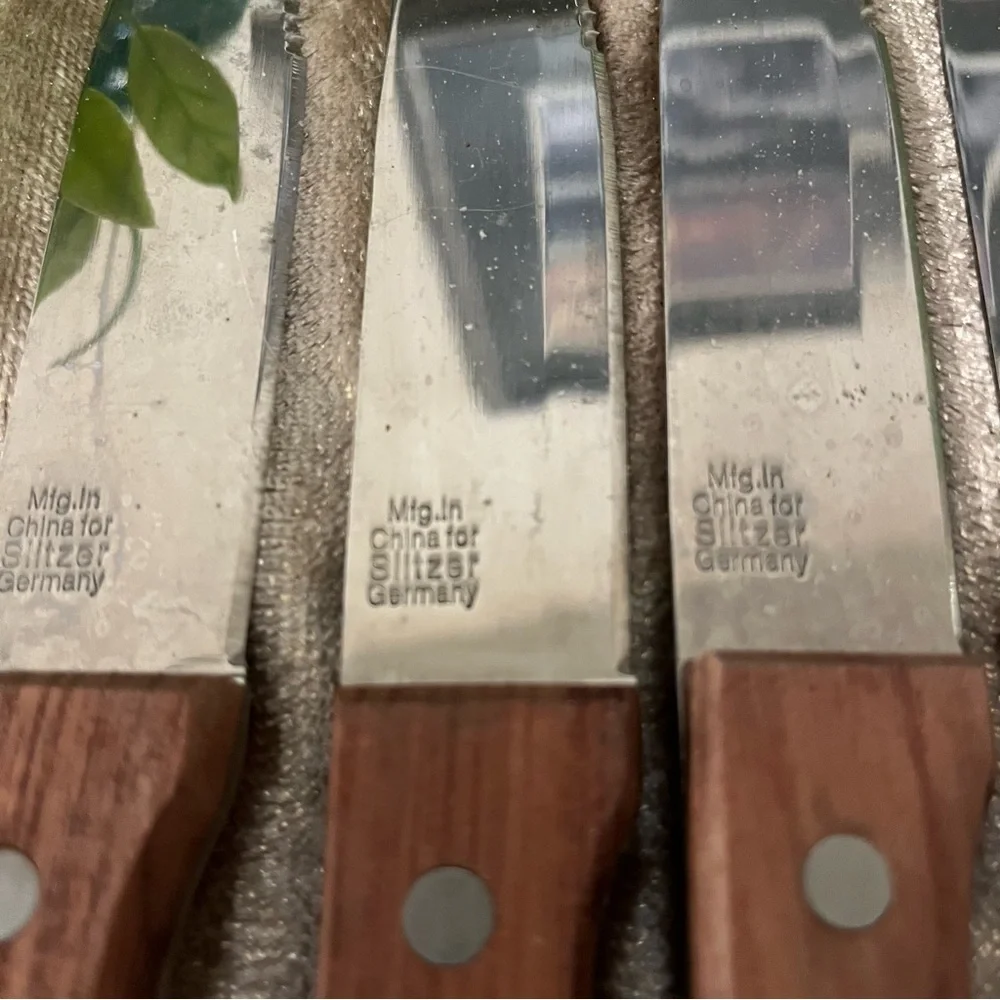 NWOT GERMANY KNIVES STEAK SLITZER Tang Thru Handle 7 Stainless Wooden Handles